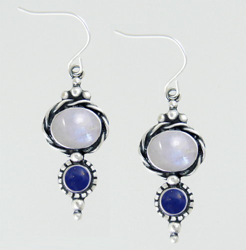 Sterling Silver Drop Dangle Earrings With Rainbow Moonstone And Lapis Lazuli